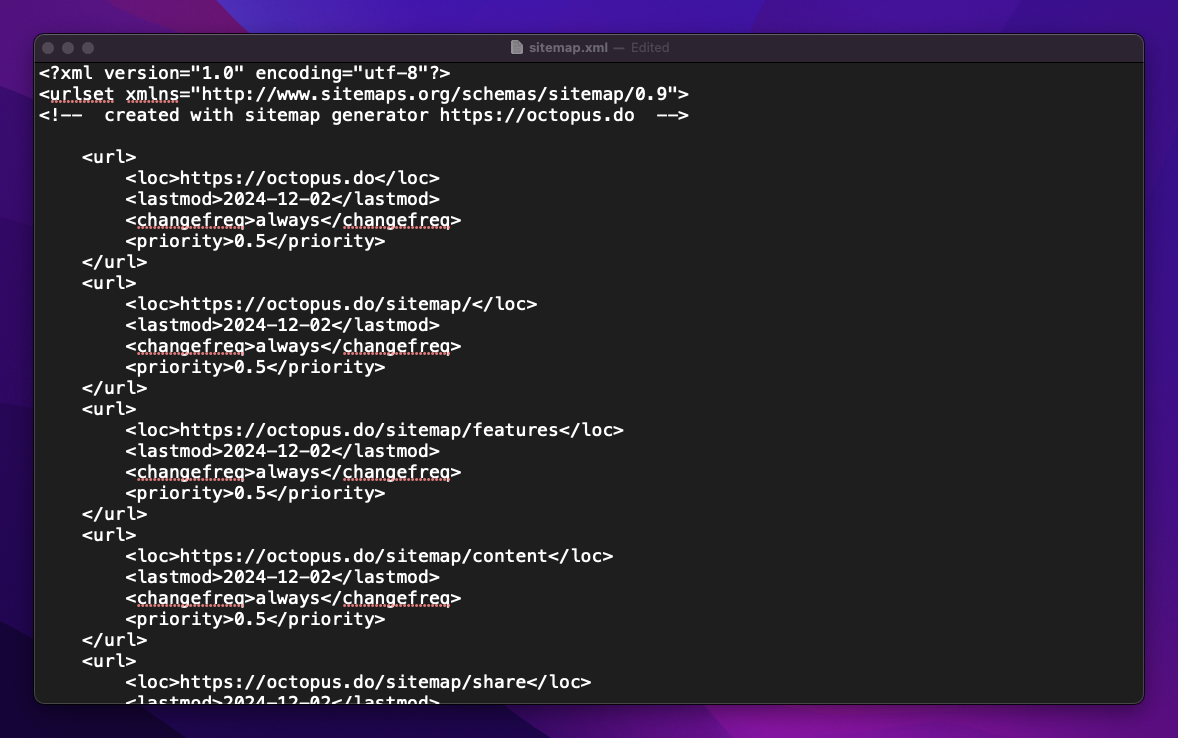 XML sitemap example from Octopus.do