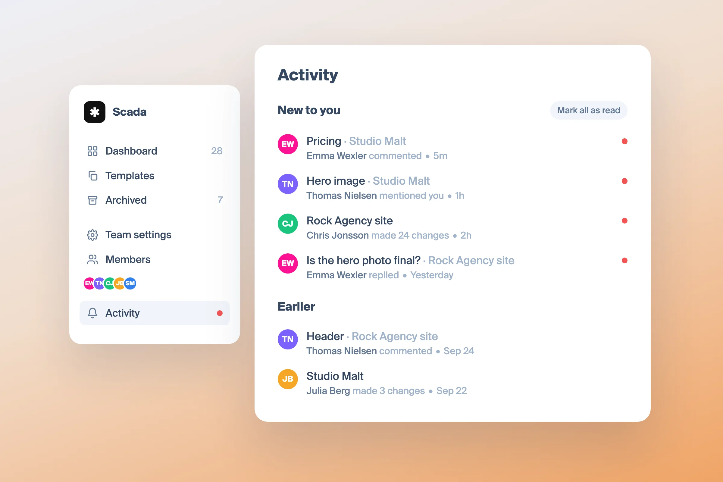 The Activity page in the Octopus dashboard: new comments, mentions, replies and changes in your projects, with unread rows marked by a dot.