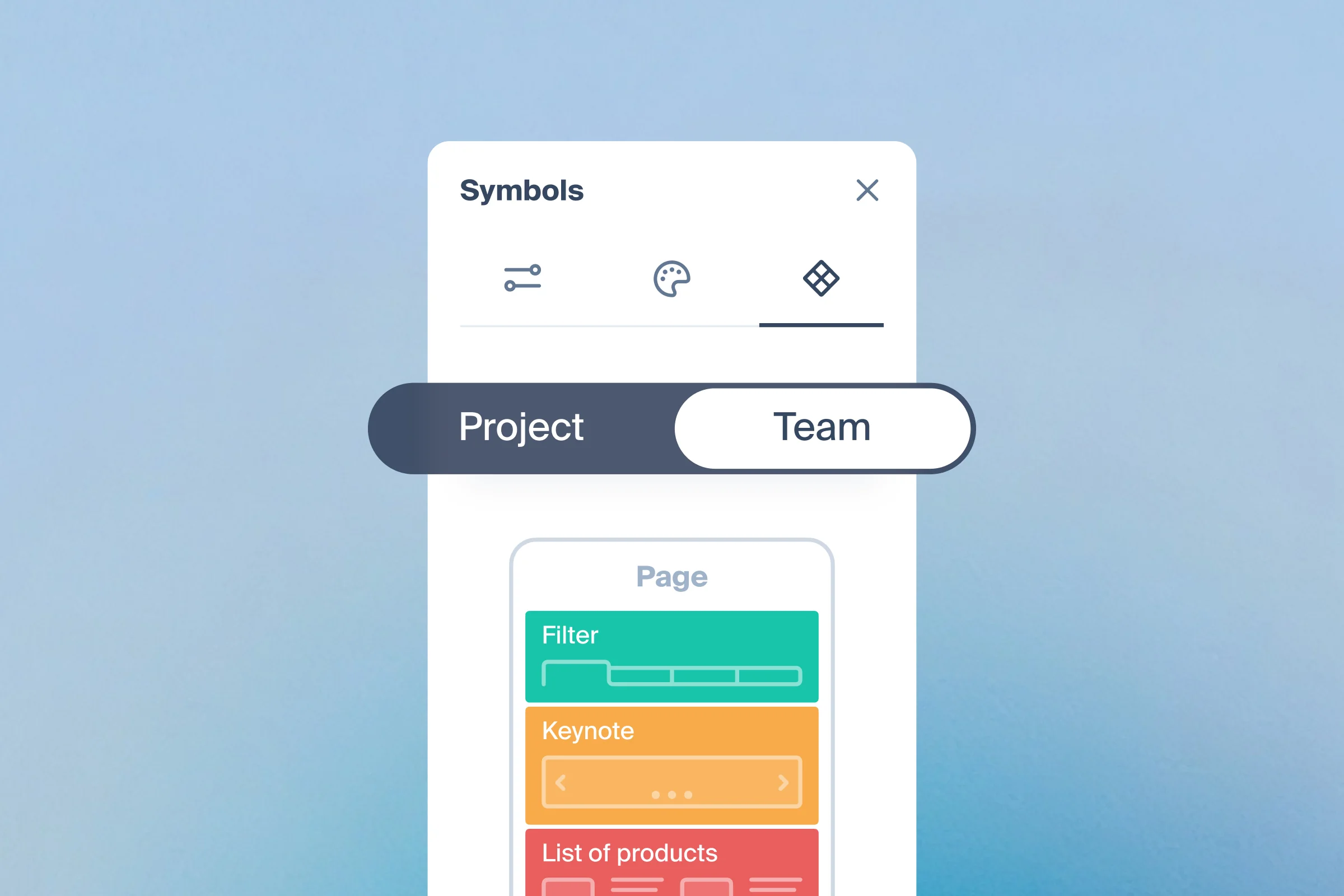 The Symbols panel in Octopus with the tab switched from Project to Team, showing the symbols shared across the workspace.